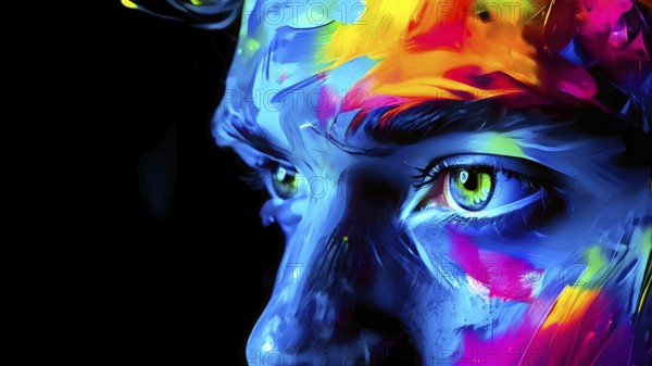 AI generated abstract digital painting of a mans face in vibrant neon colors