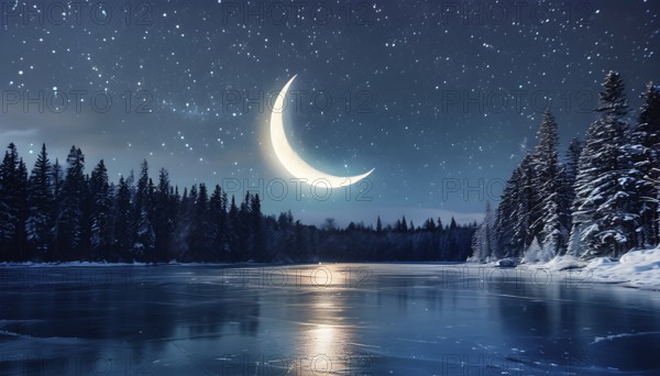 Tranquil winter night scene with a crescent moon and stars shining brightly over a frozen lake, with a line of snow-covered pine trees reflected in the lake, AI generated