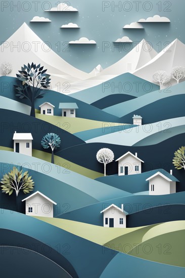 Landscape set in paper art style featuring houses tucked between verdant trees and rolling hills, AI generated