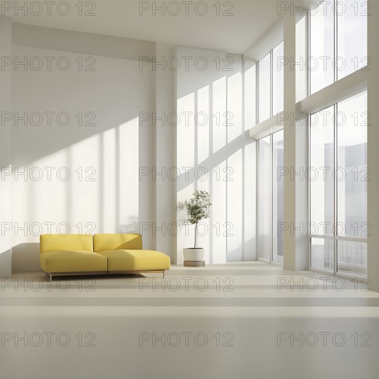 Minimalist living room with clean lines and neutral tones, featuring a modern yel colored sofa, AI generated