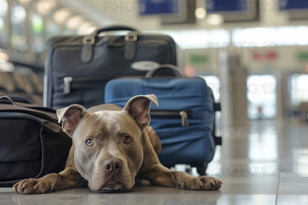 Traveling with a Pit Bull terrier. Dog with luggage in background at airport or train station. KI generiert, generiert, AI generated