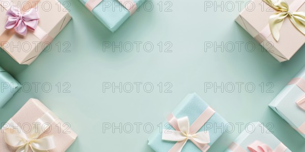 Small gift boxes on pastel background with copy space in middle. KI generiert, generiert, AI generated