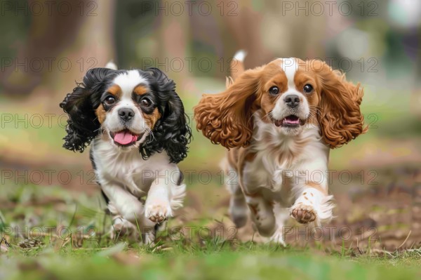 Two cute Cavalier King Charles Spaniel pups running playfully, AI generated