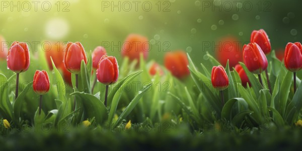 Red tulip spring flowers on grass with rain drops and sun light. KI generiert, generiert AI generated