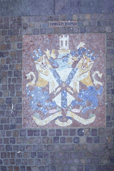 Colourful city coat of arms of the English twin town Christchurch in England, floor mosaic, lion figures, handicrafts, paving stones, floor, inscription, English, inscription, market square, Aalen, Swabian Alb, Baden-Württemberg, Germany, Europe