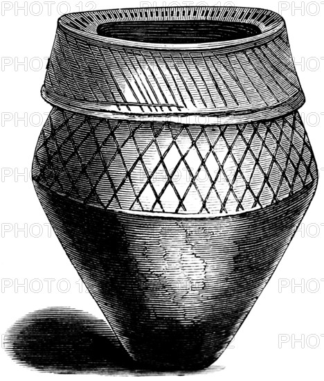 Cinerary urn from the Barrows of Derbyshire, burial site, grave with urn, decorations, archaeology, history of prehistoric mankind, England, historical illustration 1880