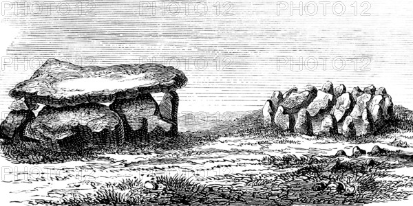 Barrow with capstone and stone circle, history of prehistoric mankind, historical illustration 1880