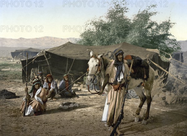 Bedouins in front of a tent, Lebanon, Historical, digitally restored reproduction from a 19th century original, Record date not stated, Asia