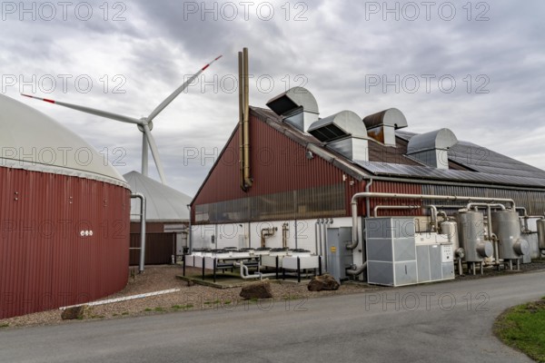 Biogas plant produces gas from various biomass, electricity is generated in combined heat and power plants with the biogas produced and sold to companies in the neighbouring industrial estate, the heat generated is fed into a local heating network, gas storage and wind power plant, Ense, North Rhine-Westphalia, Germany, Europe