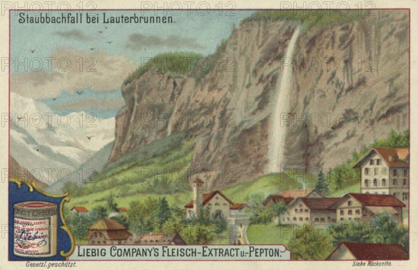 Picture series Waterfalls of the World, The Staubbach Falls near Lauterbrunnen, Switzerland, Liebig picture, digitally restored reproduction of a collector's picture from about 1900, public domain, exact date unknown, Idyllic landscape near Lauterbrunnen with waterfall, mountains and houses, Europe