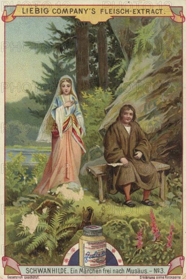 Picture series Schwanhilde, a fairy tale freely adapted from Musäus, Liebig picture, digitally restored reproduction of a collector's picture from around 1900, public domain, exact date unknown, A couple sits on a wooden bench in a peaceful natural setting, surrounded by forest