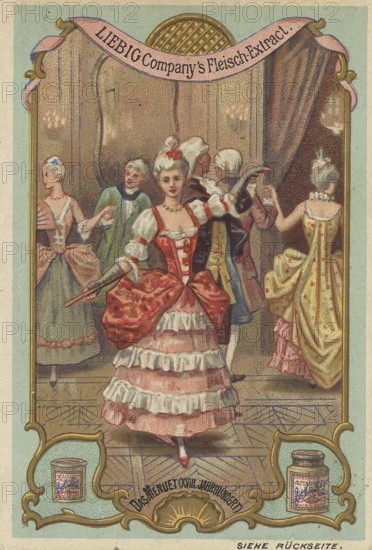 Picture series various dances, The Menuet from France, Liebig picture, digitally restored reproduction of a collector's picture from ca 1900, public domain, exact date unknown, Festive rococo costumes at a cheerful dance event in an opulent hall