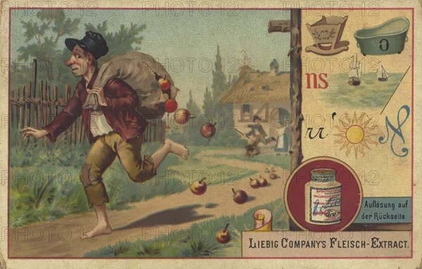 Picture series picture puzzle, Liebig picture, digitally restored reproduction of a collector's picture from around 1900, public domain, exact date unknown, A man runs towards a house in the country with a sack full of apples