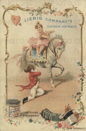 Picture series Kleine Die kleine Zirkuswelt, Liebig picture, digitally restored reproduction of a collector's picture from ca 1900, public domain, exact date unknown, A girl on a horse looks at a boy as a rider in circus style, surrounded by floral elements