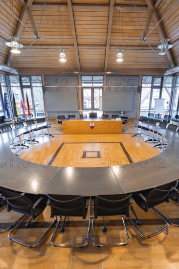 Modern meeting room with round table arrangement and plenty of natural light, Nagold Town Hall, Black Forest, Germany, Europe