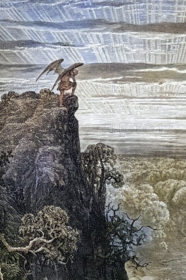 Illustration by Gustave Dore (1832-1883) for Paradise Lost, The Paradise Lost, published in 1667, is an epic poem in blank verse by the English poet John Milton, Inferno, Hell, Paradise, Angel, Damnation, Historical, digitally restored reproduction from a 19th century original, Record date not stated