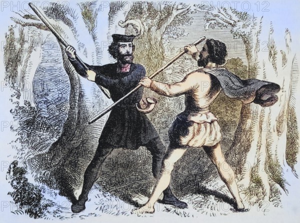 Two men fight with quarterstaffs. Robin Hood and Little John. From The National and Domestic History of England by William Aubrey, published in London around 1890, Historical, digitally restored reproduction from a 19th century original, Record date not stated