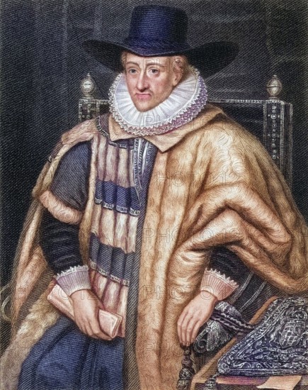 Thomas Egerton Viscount Brackley, Baron Ellesmere, c. 1540, 1617, English lawyer and diplomat. From the book Lodges British Portraits, published in 1823, Historical, digitally restored reproduction from a 19th century original, Record date not stated