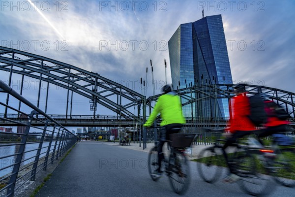 Building of the European Central Bank, ECB, on the Main in Frankfurt, cycle path on the banks of the Main, Hesse, Germany, Europe