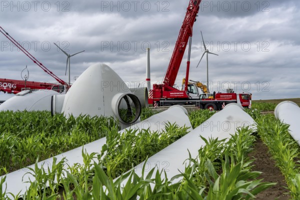 Repowering, dismantled Enercon E-58 wind turbine in a wind farm near Issum, 9 older wind turbines that have been in operation for over two decades are being replaced by a total of four Enercon E-160 turbines, under construction, with a total output of 22 megawatts, Lower Rhine, North Rhine-Westphalia, Germany, Europe