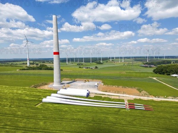 Wind farm near Brilon-Radlinghausen, new wind turbine being built, tower elements and rotors ready for assembly, North Rhine-Westphalia, Germany, Europe