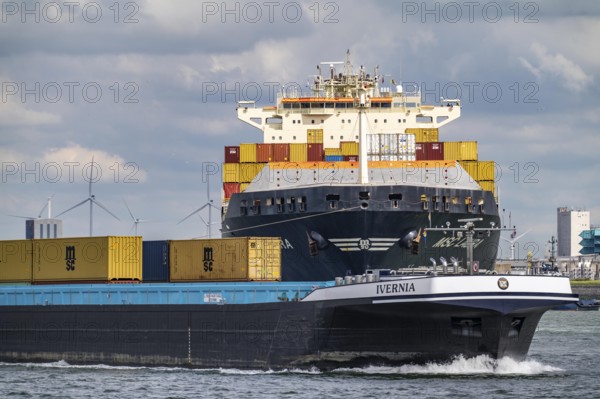 Europahaven, MSC Laura container freighter being towed by harbour tugs, seaport of Rotterdam, inland vessel, container freighter, deep-sea port Maasvlakte 2, on an artificial land area, Netherlands