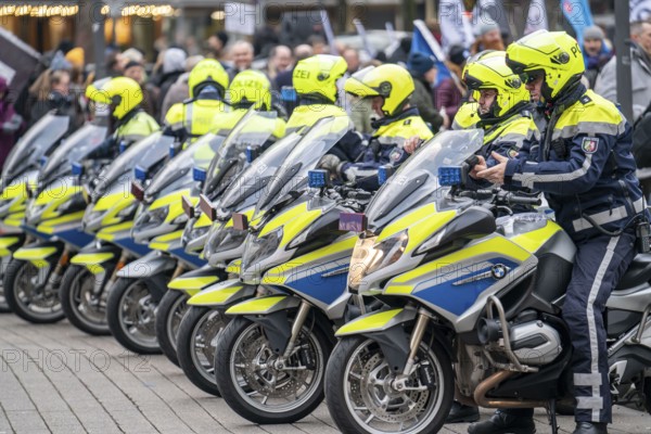 Police motorbikes, at an event, waiting to be deployed, Essen, North Rhine-Westphalia, Germany, Europe