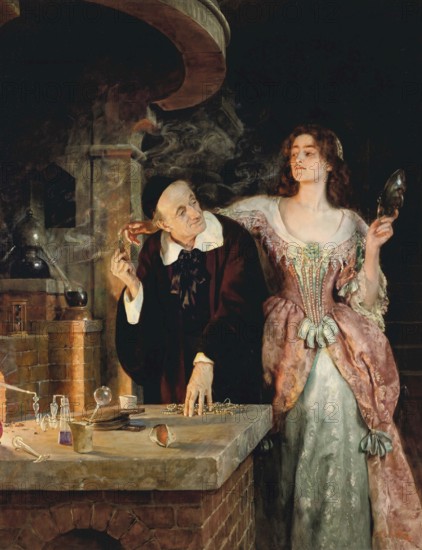 An alchemist and a woman in elaborate clothing stand in a medieval laboratory, surrounded by chemical utensils and a mystical atmosphere. The Laboratory, Man and woman as scientists, Painting by John Maler Collier (28 January 1850, 11 April 1934), British writer and painter, Historic, digitally restored reproduction from a 19th century original, Record date not stated