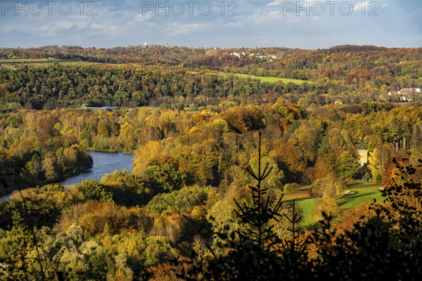 Autumnal forest along the Ruhr valley between Essen-Kettwig and Essen-Werden, seen from Öfter Wald, on the right golf course Schloss Oefte, Essen, North Rhine-Westphalia, Germany, Europe