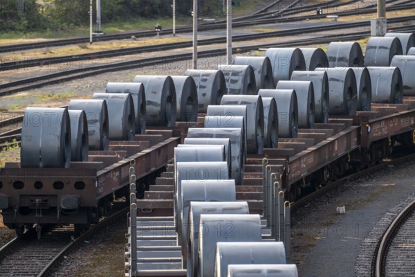 Strip steel coils, on freight wagons, at the ThyssenKrupp Schwelgern plant in Duisburg-Marxloh is part of the Bruckhausen steelworks, North Rhine-Westphalia, Germany, Europe