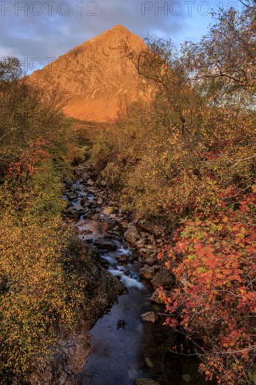 Wild river, autumn colours, morning light, mountain landscape, clouds, Buachaille Etive Mòr, Glencoe, Scottish Highlands, Scotland, Great Britain