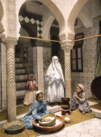 Luce Ben Aben, Moorish woman preparing couscous, Algiers, Algeria, ca 1890, Historical, digitally restored reproduction from a 19th century original, Record date not stated, Africa