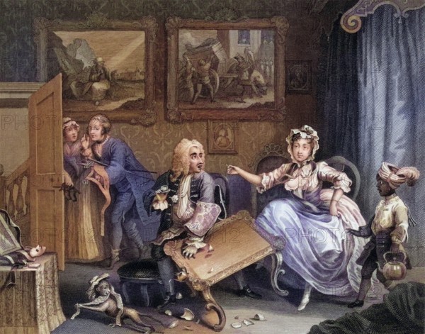 The Harlots Progress Quarrels with her Jew protector From the original picture by Hogarth from The Works of Hogarth published London 1833, Historisch, digital restaurierte Reproduktion von einer Vorlage aus dem 19. Jahrhundert, Record date not stated