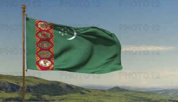 The flag of Turkmenistan flutters in the wind