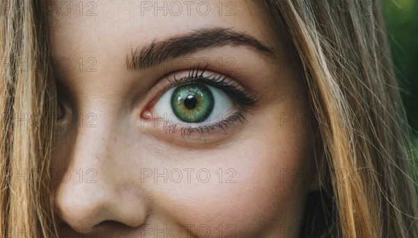 Close-up of a green eye of a woman with blonde hair and flawless skin, AI generated, AI generated