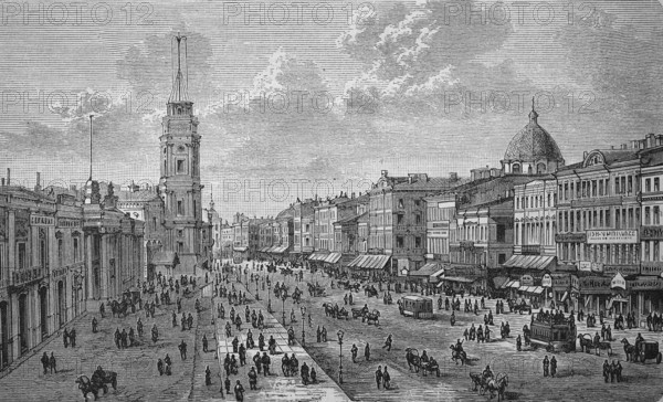 The Nevsky Prospect in Saint Petersburg in Russia, in 1880, Historical, digital reproduction of an original 19th century model