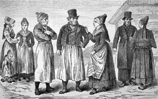 Folk costumes on Rügen, Mecklenburg-Vorpommern, Germany, in 1880, Historical, digital reproduction of an original from the 19th century, Europe