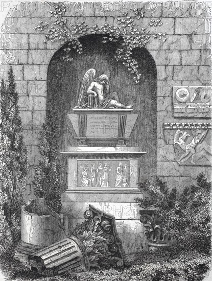 Historical, digitally restored reproduction from a 19th century original, Record date not stated, Tomb of Winckelmann in Trieste, Johann Joachim Winckelmann (also Winkelmann, * 9 December 1717 in Stendal, † 8 June 1768 in Trieste) was a German archaeologist, librarian, antiquarian and art writer of the Enlightenment, Italy, Europe