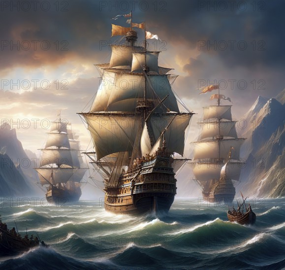 The ships, the caravels, of Christopher Columbus or Cristoforo Colombo, Cristóbal Colón, anchored in the sea off the mainland of America, symbolic photo discovery, exploration, conquest, navigator, captain, historical personality, sea route, AI generated, AI generated