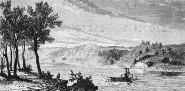 Mountainous natural landscape in the state of Missouri with steamboat on the Mississippi River, idyll, recreation, travelling, USA, historical illustration 18888, North America