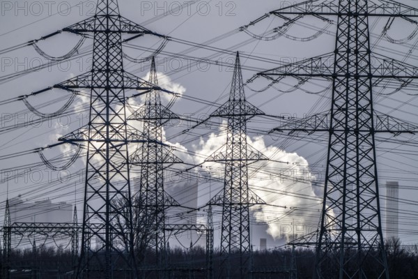 RWE Power lignite-fired power plant Niederaussem, high-voltage pylons, power lines, power plant units, chimneys, cooling towers, North Rhine-Westphalia, Germany, Europe