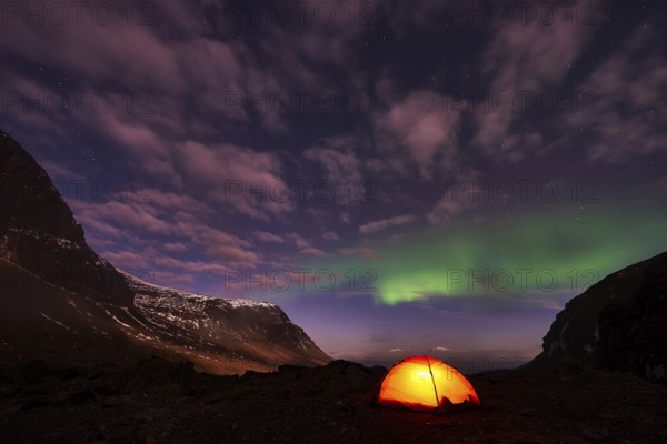 Tent in mountain landscape, Sarek National Park, World Heritage Laponia, Norrbotten, Lapland, Sweden, night shot, lighting, Scandinavia, Europe