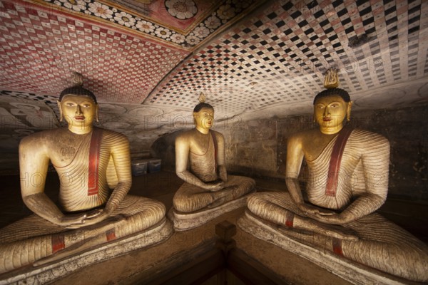 Seated Buddha statues in the Dambulla cave temple, Dambulla, Central Province, Sri Lanka, Asia