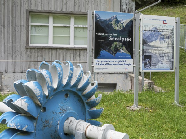 Model of a water turbine, poster describing power generation, power station Seealp-Wasserauen, switzerland