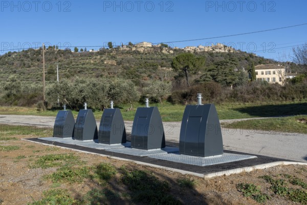 Rubbish collector, rubbish bin, bin, collection point, Provence, Lurs, France, Europe