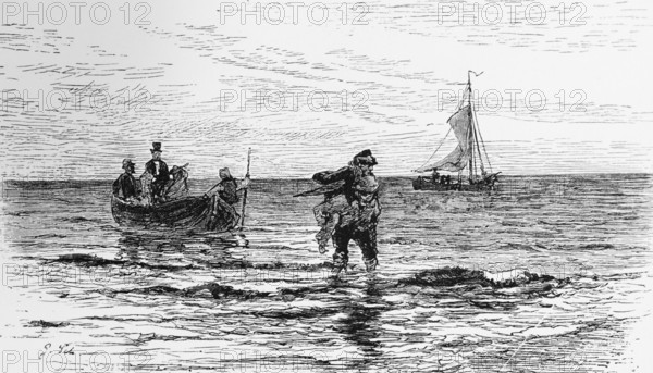 Holidaymaker in a boat, North Sea, Borkum, East Frisia, Lower Saxony, single-master, excursion, return, sailor, pulling a line, calm sea, Germany, historical illustration 1880, Europe