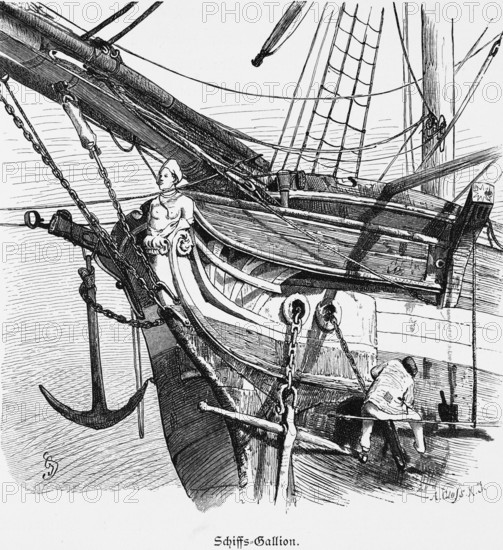 Figurehead at the ship's bow, tall ship, wooden figure, superstition, stem, sailing ship, anchor, sailor, paint, renew, planks, historical illustration 1880