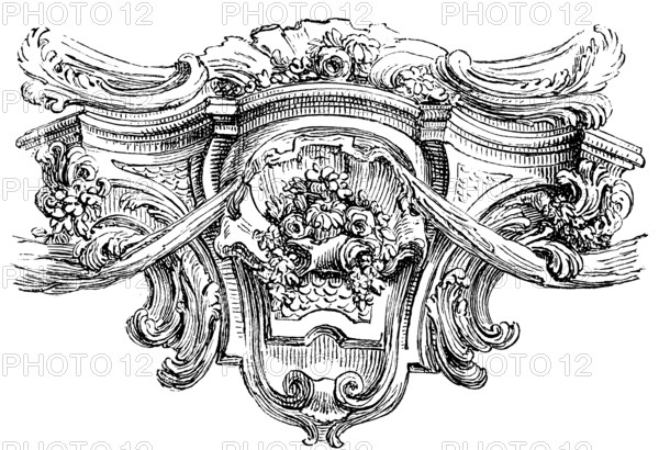 Baroque cartouche, sandstone element, structuring, floral ornamentation, jewellery, architecture, historical illustration 1880