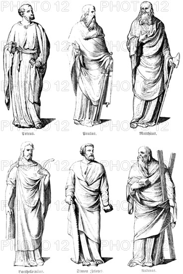 Portraits of the apostles Peter, Paul, Matthew, Bartolomeo, Simon Zelotes, Andrew, Bible, New Testament, Gospel of Luke, historical illustration 1880