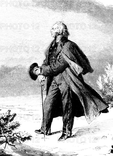 Portrait, Count Yorck von Wartenburg 1759-1830), Prussian general, field marshal, Russian campaign, Battle of Leipzig, winter, snowy landscape, coat, wind, lonely, odes, uniform, Prussia, historical illustration 1882